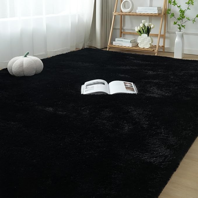 Premium Ultra-Soft Microfiber Shaggy Area Rug – Luxurious Fluffy Carpet for Bedroom & Living Room, Black