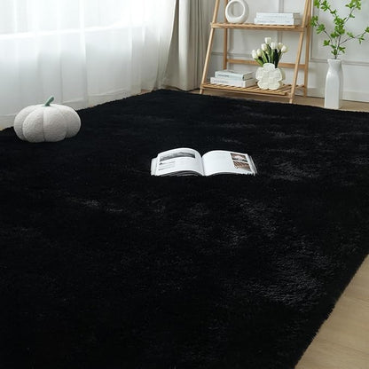 Premium Ultra-Soft Microfiber Shaggy Area Rug – Luxurious Fluffy Carpet for Bedroom & Living Room, Black