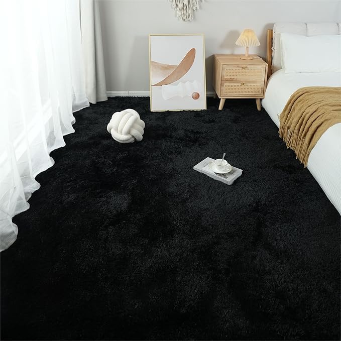 Premium Ultra-Soft Microfiber Shaggy Area Rug – Luxurious Fluffy Carpet for Bedroom & Living Room, Black