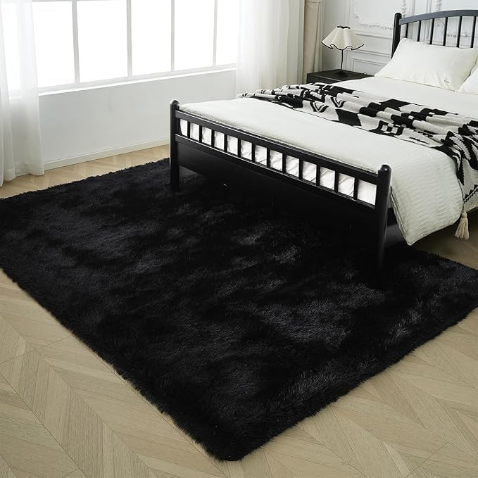 Premium Ultra-Soft Microfiber Shaggy Area Rug – Luxurious Fluffy Carpet for Bedroom & Living Room, Black