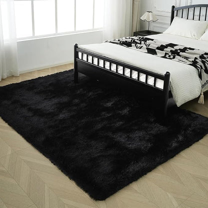 Premium Ultra-Soft Microfiber Shaggy Area Rug – Luxurious Fluffy Carpet for Bedroom & Living Room, Black