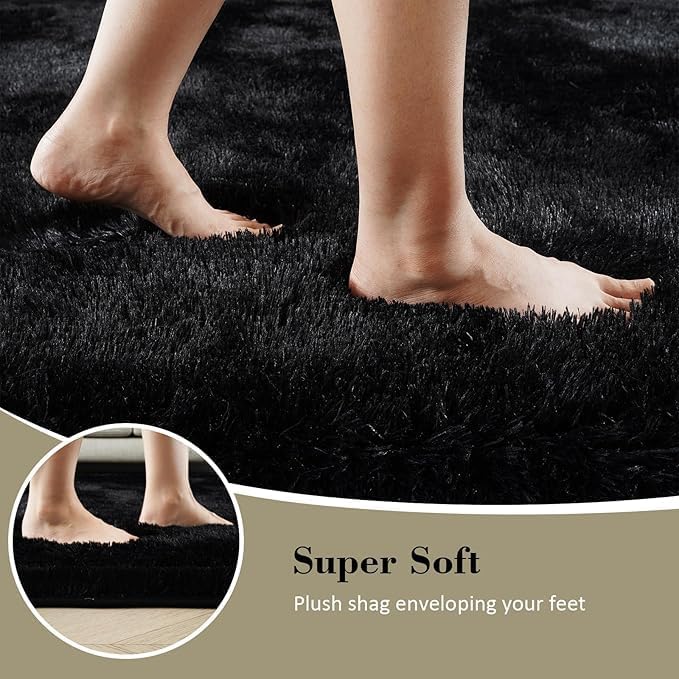 Premium Ultra-Soft Microfiber Shaggy Area Rug – Luxurious Fluffy Carpet for Bedroom & Living Room, Black