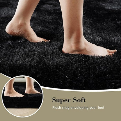 Premium Ultra-Soft Microfiber Shaggy Area Rug – Luxurious Fluffy Carpet for Bedroom & Living Room, Black