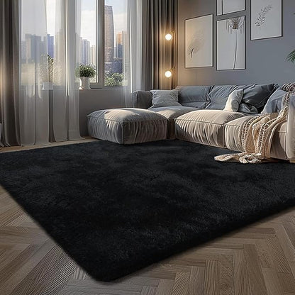 Premium Ultra-Soft Microfiber Shaggy Area Rug – Luxurious Fluffy Carpet for Bedroom & Living Room, Black