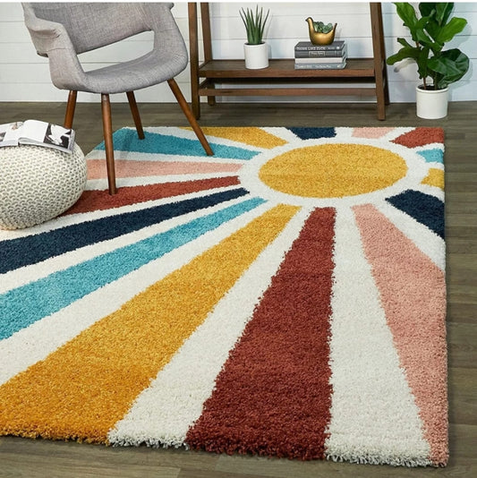 Premium Microfiber Soft Shaggy Area Rug – Boho Sunburst Pattern Colorful Plush Carpet for Living Room, Bedroom & Nursery Decor