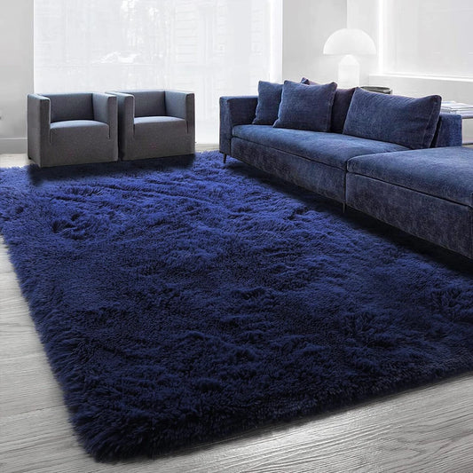 Premium Microfiber Shaggy Area Rug – Ultra Soft High-Pile Navy Blue Carpet for Living Room, Bedroom & Office Decor