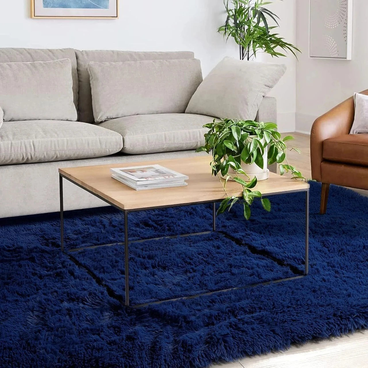 Premium Microfiber Shaggy Area Rug – Ultra Soft High-Pile Navy Blue Carpet for Living Room, Bedroom & Office Decor