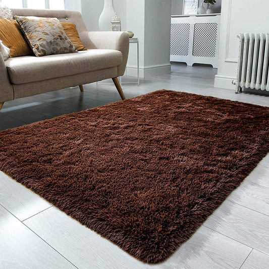 Luxury Brown Microfiber Shaggy Rug – Fluffy High-Pile Floor Carpet & Door Mat for Home Decor