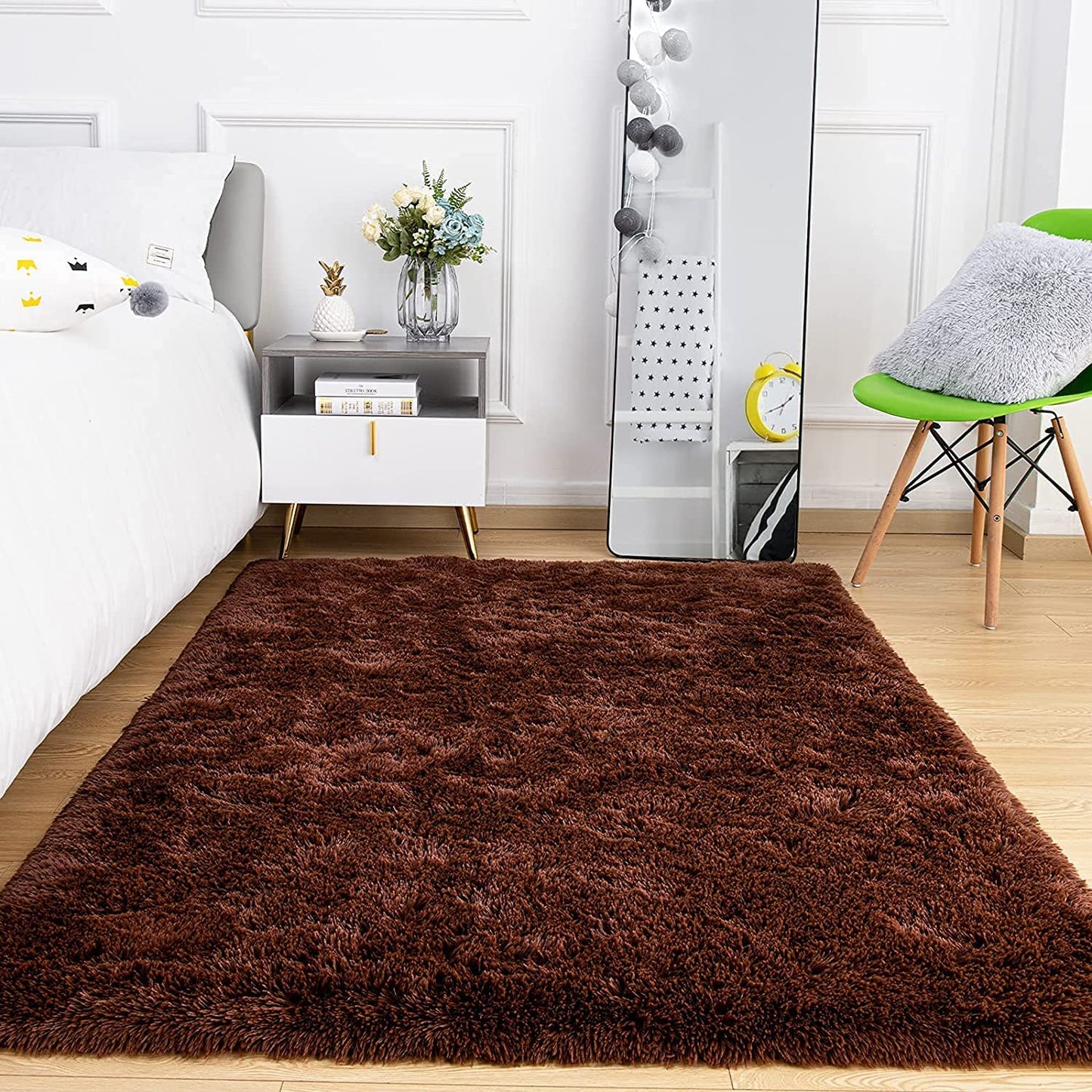 Luxury Brown Microfiber Shaggy Rug – Fluffy High-Pile Floor Carpet & Door Mat for Home Decor