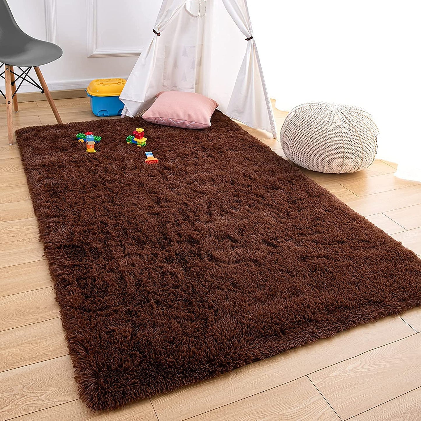 Luxury Brown Microfiber Shaggy Rug – Fluffy High-Pile Floor Carpet & Door Mat for Home Decor