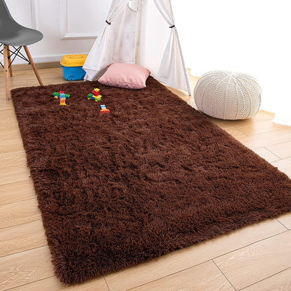 Luxury Brown Microfiber Shaggy Rug – Fluffy High-Pile Floor Carpet & Door Mat for Home Decor