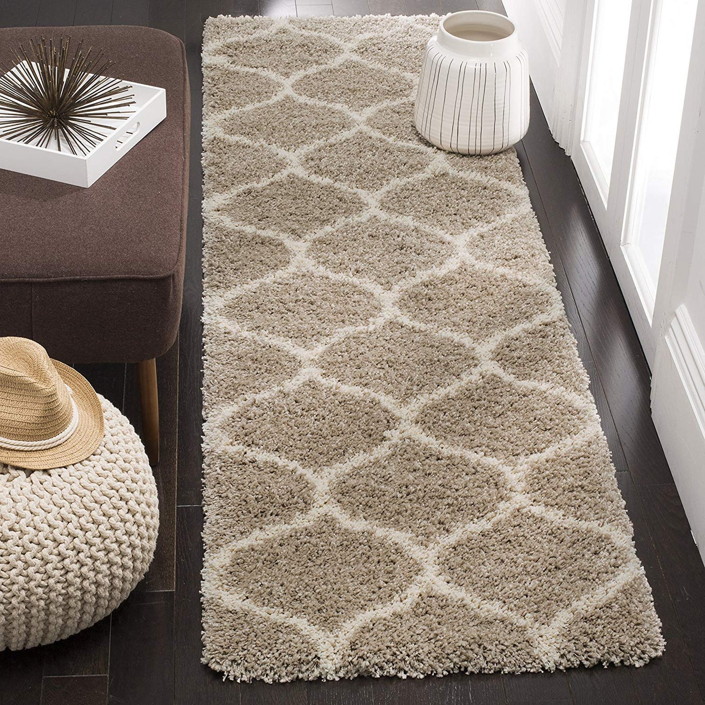 Luxury Soft Beige Shag Rug with Ivory Lattice Pattern – Premium Microfiber Floor Mat for Living Room & Bedroom