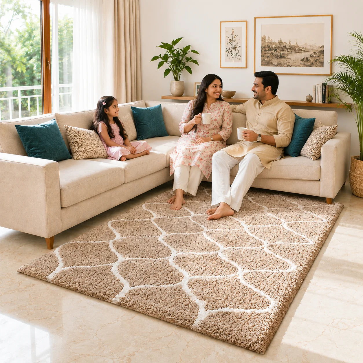 Premium Microfiber Shaggy Area Rug – Ultra Soft Geometric Trellis Fluffy Carpet for Living Room & Bedroom