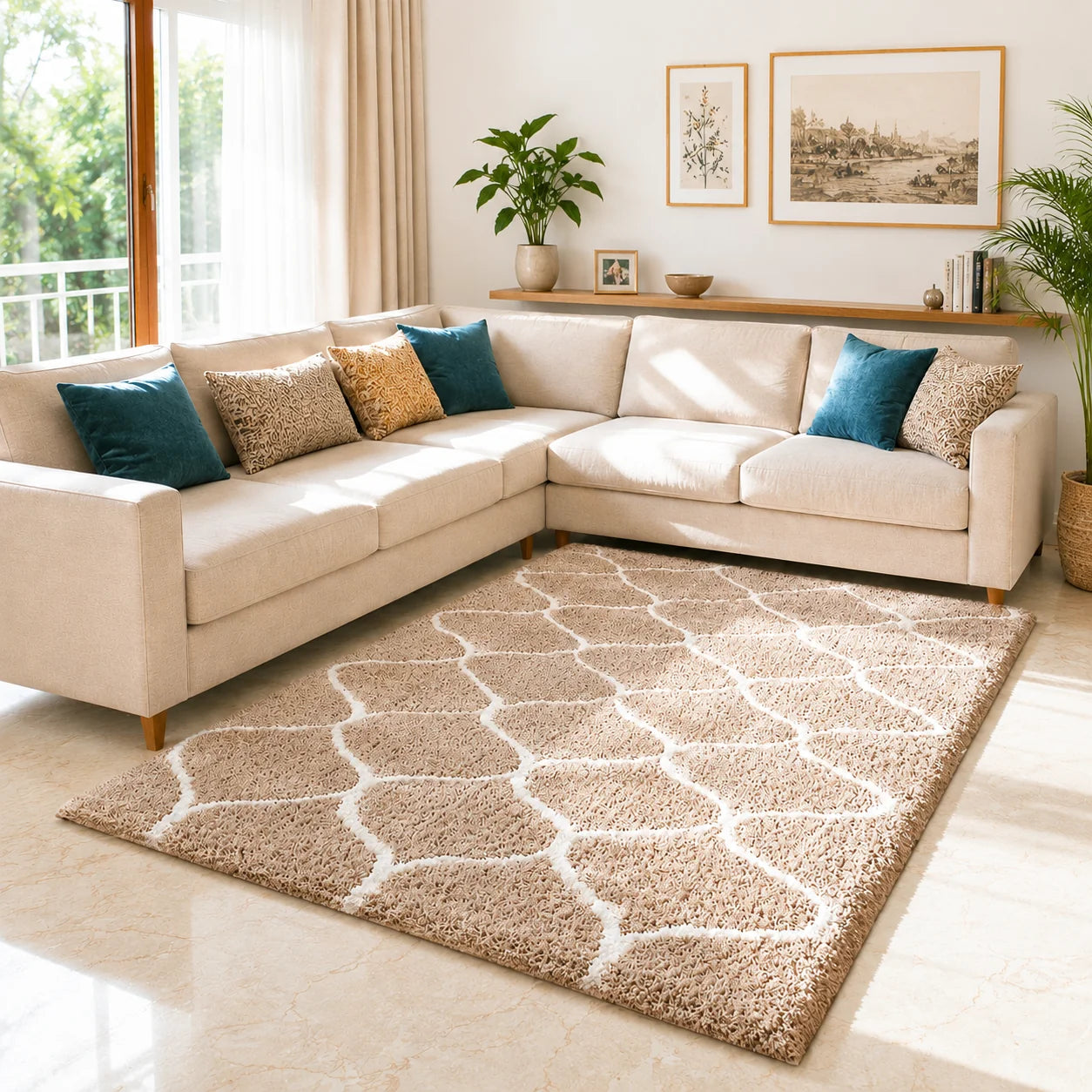 Premium Microfiber Shaggy Area Rug – Ultra Soft Geometric Trellis Fluffy Carpet for Living Room & Bedroom