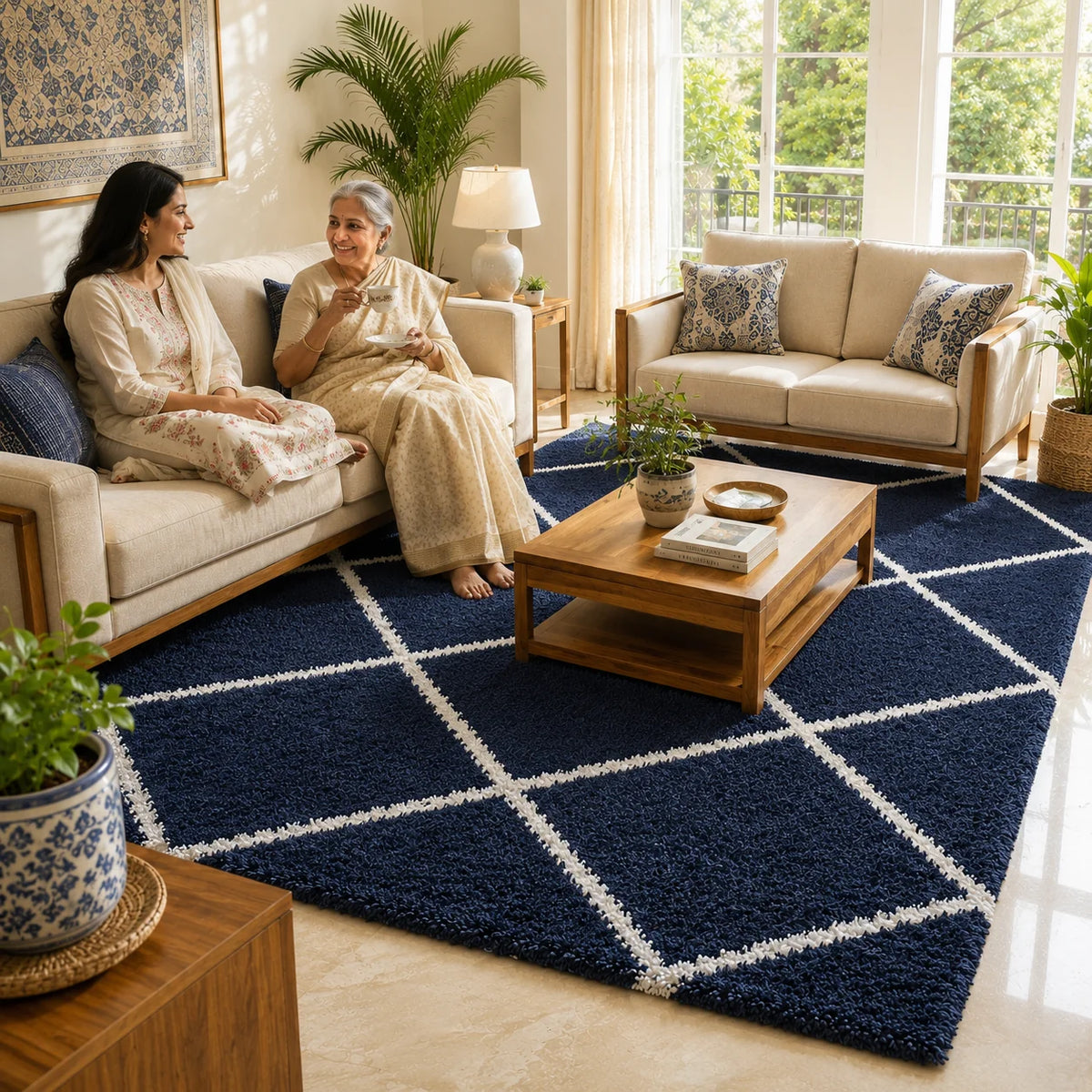 Premium Microfiber Shaggy Carpet – Soft Navy Blue Geometric Diamond Area Rug for Living Room, Bedroom & Office