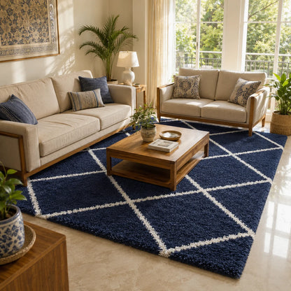 Premium Microfiber Shaggy Carpet – Soft Navy Blue Geometric Diamond Area Rug for Living Room, Bedroom & Office