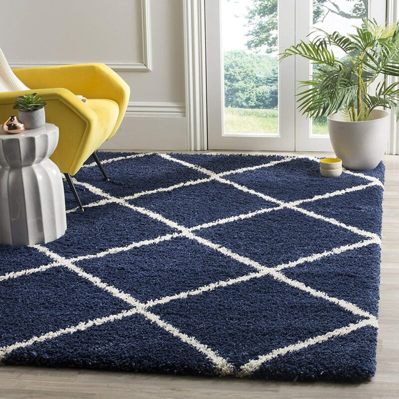 Premium Microfiber Shaggy Carpet for Living Room - Ultra-Soft Geometric Blue Shag Rug with Anti-Skid Backing