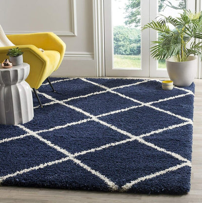 Premium Microfiber Shaggy Carpet for Living Room - Ultra-Soft Geometric Blue Shag Rug with Anti-Skid Backing