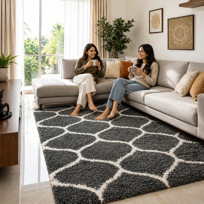 Premium Ultra-Soft Microfiber Shaggy Area Rug – Charcoal Gray Geometric Trellis Large Carpet for Living Room, Bedroom & Dining Room