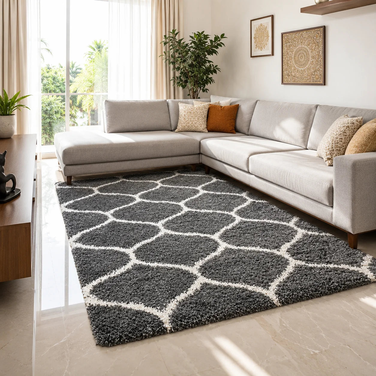 Premium Ultra-Soft Microfiber Shaggy Area Rug – Charcoal Gray Geometric Trellis Large Carpet for Living Room, Bedroom & Dining Room