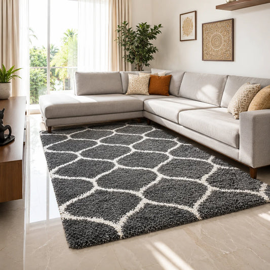 Premium Ultra-Soft Microfiber Shaggy Area Rug – Charcoal Gray Geometric Trellis Large Carpet for Living Room, Bedroom & Dining Room