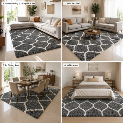 Premium Ultra-Soft Microfiber Shaggy Area Rug – Charcoal Gray Geometric Trellis Large Carpet for Living Room, Bedroom & Dining Room