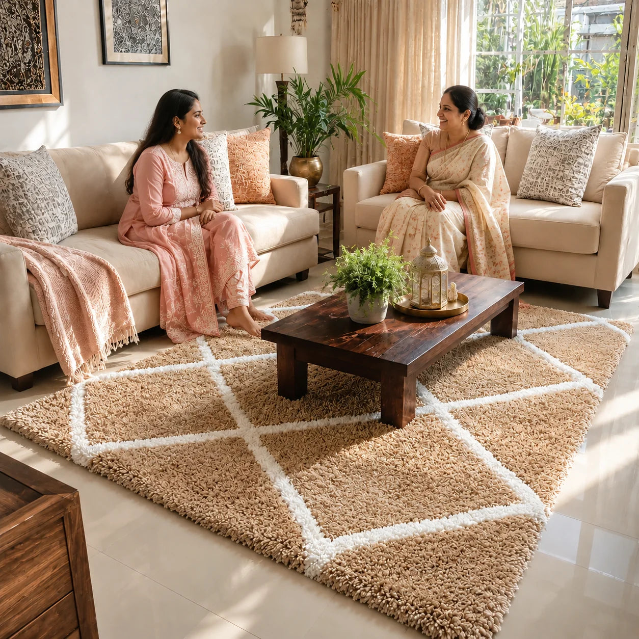Luxury Microfiber Shag Carpet – Plush Non-Slip Floor Mat with Geometric Lattice Design for Home Decor, Living Room, and Bedroom