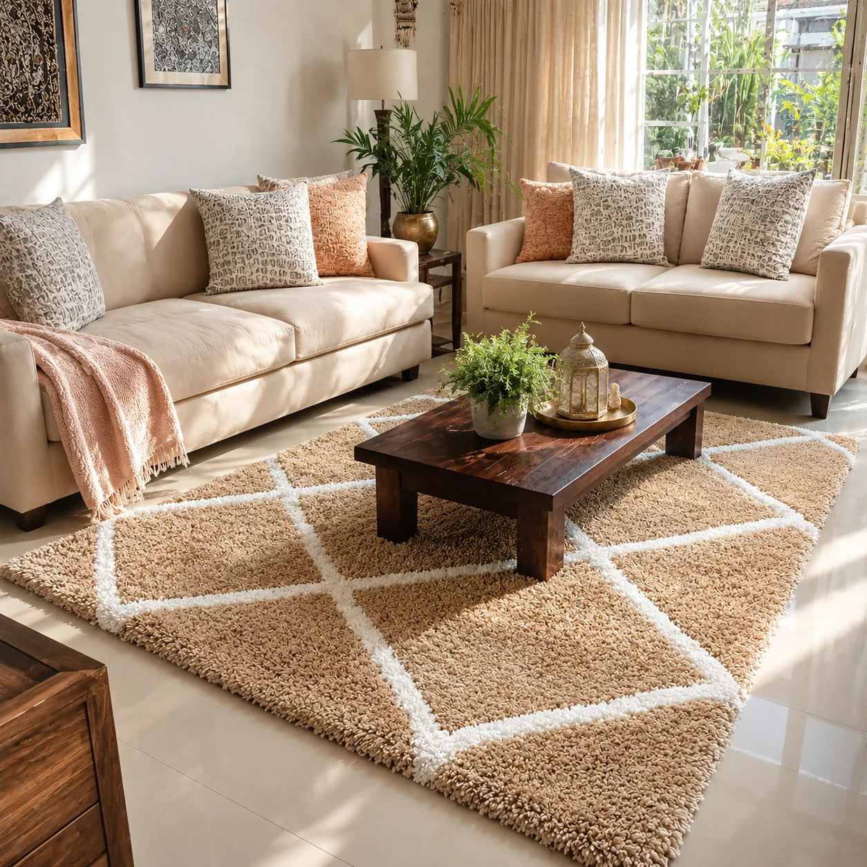 Luxury Microfiber Shag Carpet – Plush Non-Slip Floor Mat with Geometric Lattice Design for Home Decor, Living Room, and Bedroom
