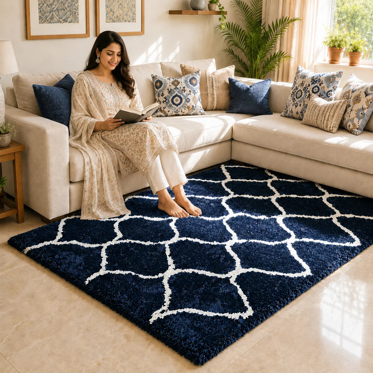 Super Soft Microfiber Shaggy Mat – Non-Shedding Navy & Cream Trellis Fluffy Rug for Modern Home Decor