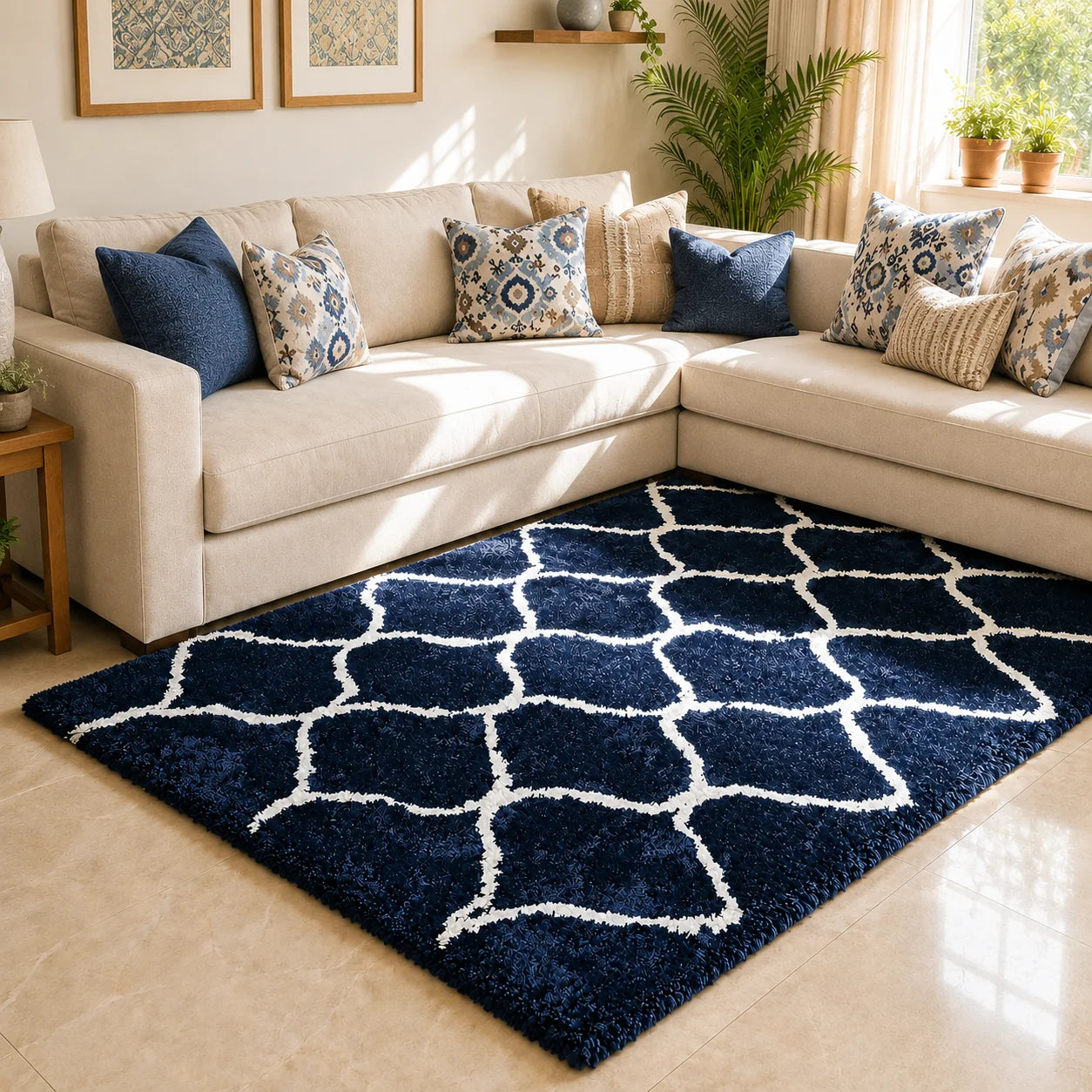 Super Soft Microfiber Shaggy Mat – Non-Shedding Navy & Cream Trellis Fluffy Rug for Modern Home Decor