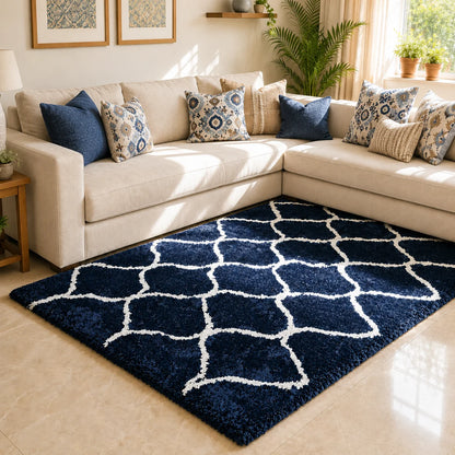 Super Soft Microfiber Shaggy Mat – Non-Shedding Navy & Cream Trellis Fluffy Rug for Modern Home Decor