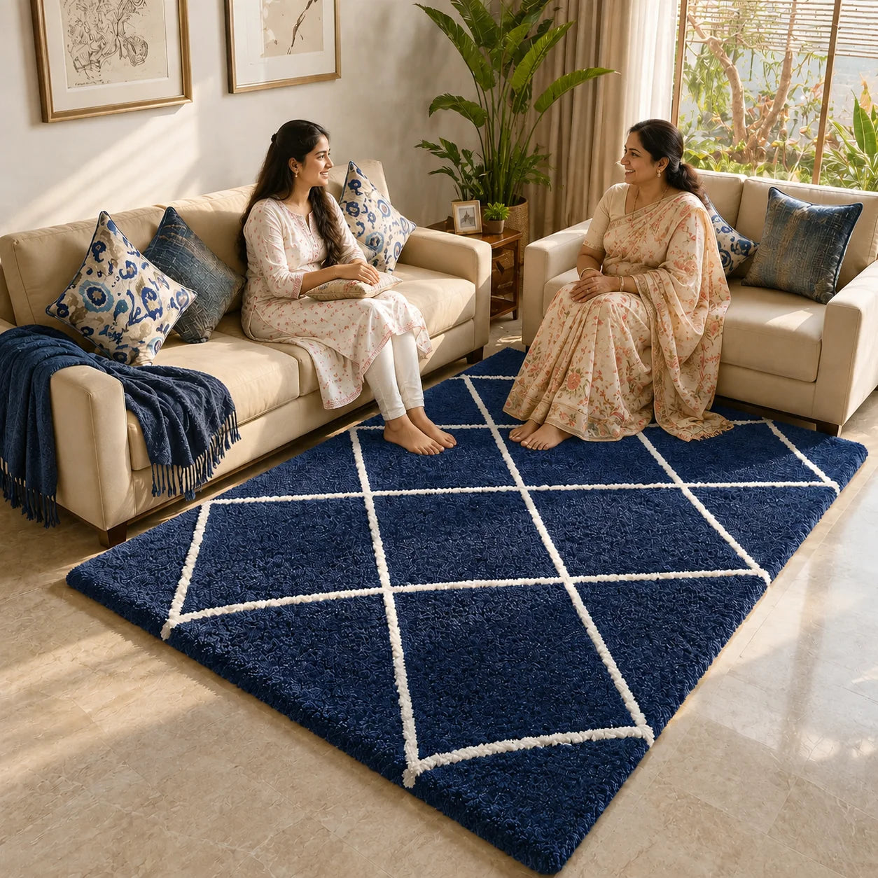 Premium Microfiber Shaggy Carpet for Living Room - Ultra-Soft Geometric Blue Shag Rug with Anti-Skid Backing