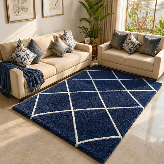 Premium Microfiber Shaggy Carpet for Living Room - Ultra-Soft Geometric Blue Shag Rug with Anti-Skid Backing