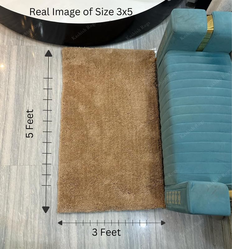 Premium Plain Beige Shag Area Rug – Luxuriously Soft Microfiber Floor Carpet Mat for Home Decor