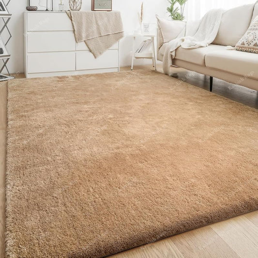 Premium Plain Beige Shag Area Rug – Luxuriously Soft Microfiber Floor Carpet Mat for Home Decor