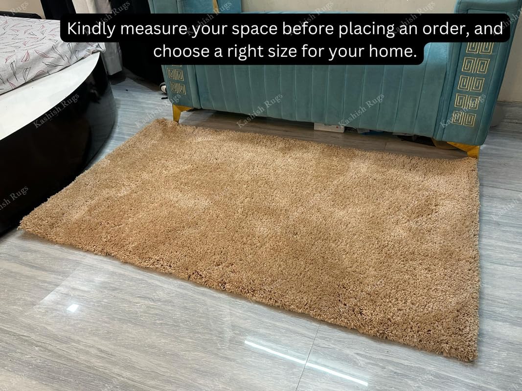 Premium Plain Beige Shag Area Rug – Luxuriously Soft Microfiber Floor Carpet Mat for Home Decor