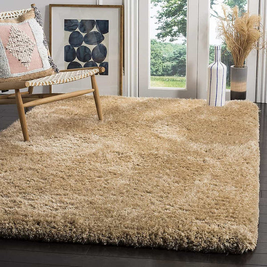 Luxurious Beige Shaggy Area Rug – High-Density Microfiber Fluffy Carpet, Anti-Slip Solid Color Floor Mat