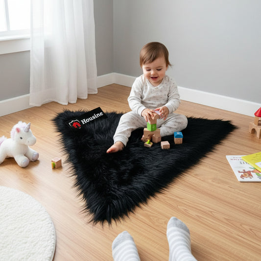 Black Triangle Faux Fur Rug, Luxury Fluffy Mat -(90×90) cm