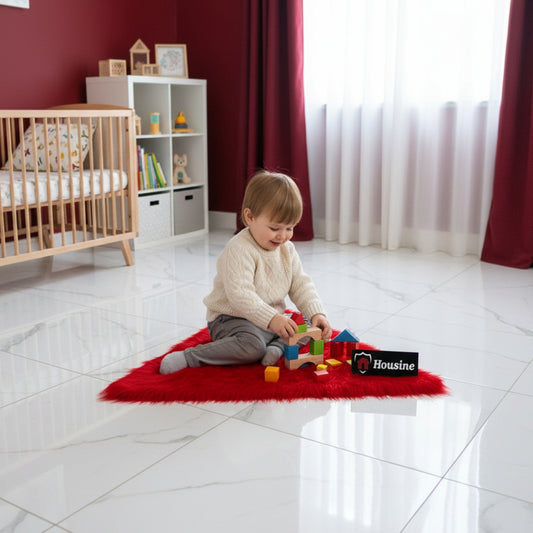 Red Triangle Faux Fur Rug, Luxury Fluffy Mat -(90×90) cm