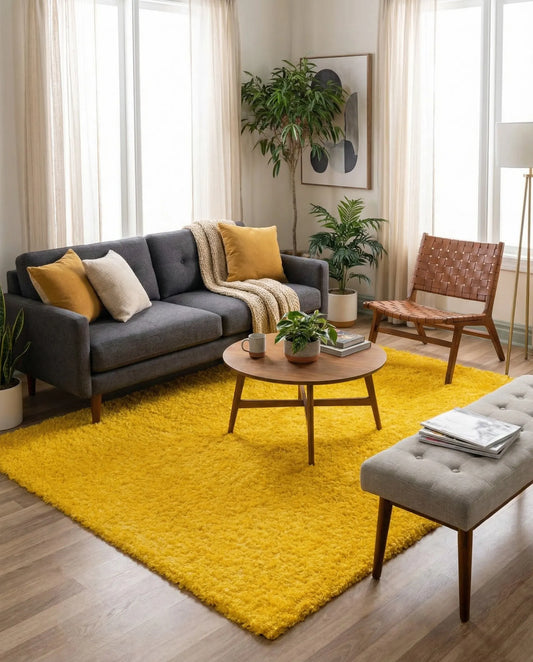 Premium Yellow Microfiber Shaggy Carpet Mat - Ultra Soft, Non-Slip High-Pile Rug for Living Room, Bedroom & Bathroom