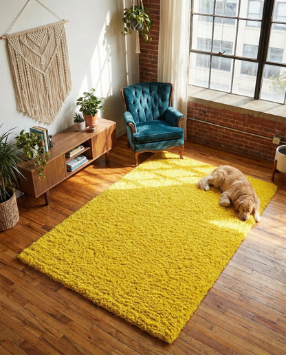 Premium Yellow Microfiber Shaggy Carpet Mat - Ultra Soft, Non-Slip High-Pile Rug for Living Room, Bedroom & Bathroom