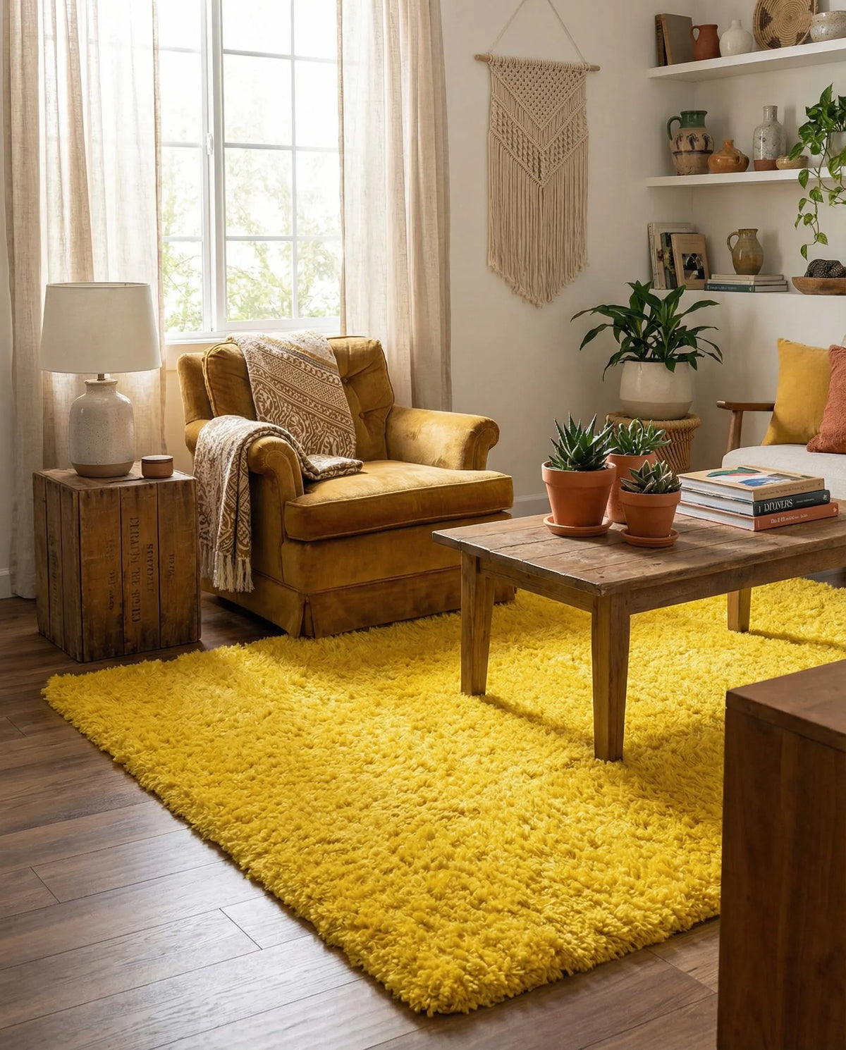 Premium Yellow Microfiber Shaggy Carpet Mat - Ultra Soft, Non-Slip High-Pile Rug for Living Room, Bedroom & Bathroom