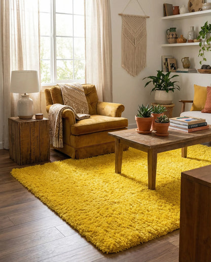 Premium Yellow Microfiber Shaggy Carpet Mat - Ultra Soft, Non-Slip High-Pile Rug for Living Room, Bedroom & Bathroom