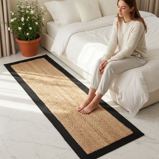 Black Cotton Natural Jute Bedside Runner