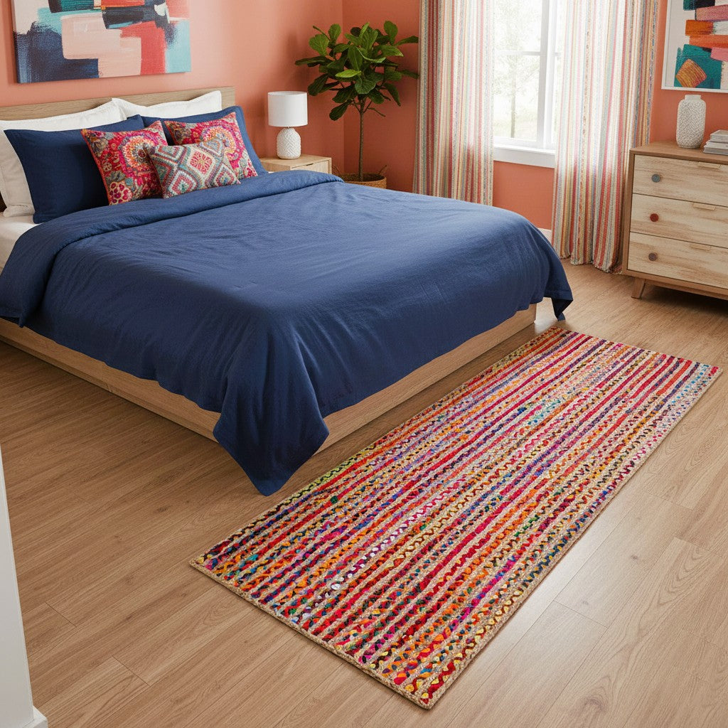 Bedroom with a colorful rug on the floor, bed with blue bedding, and decor elements.