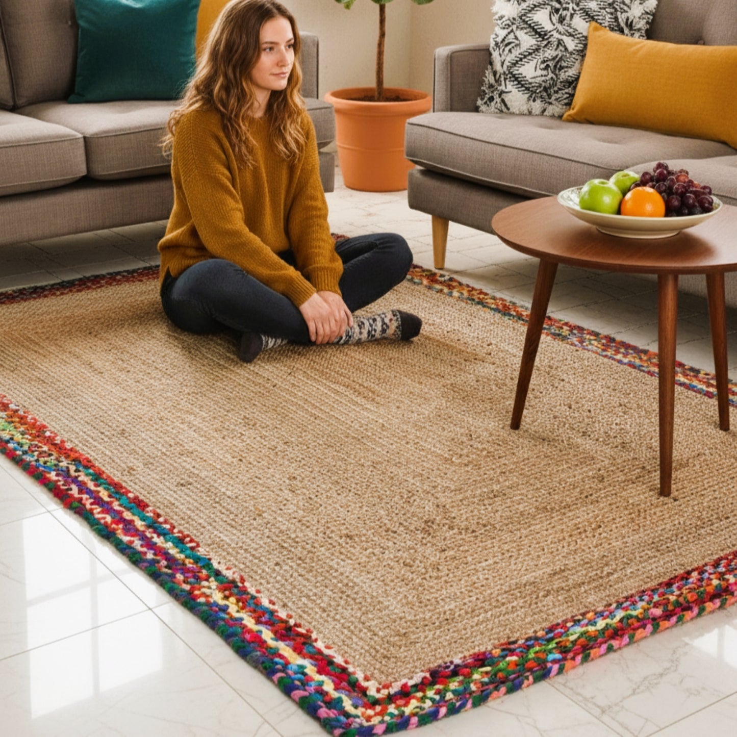 Woman sitting on a jute rug with colorful border in a living room.