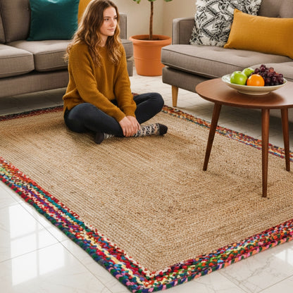 Woman sitting on a jute rug with colorful border in a living room.