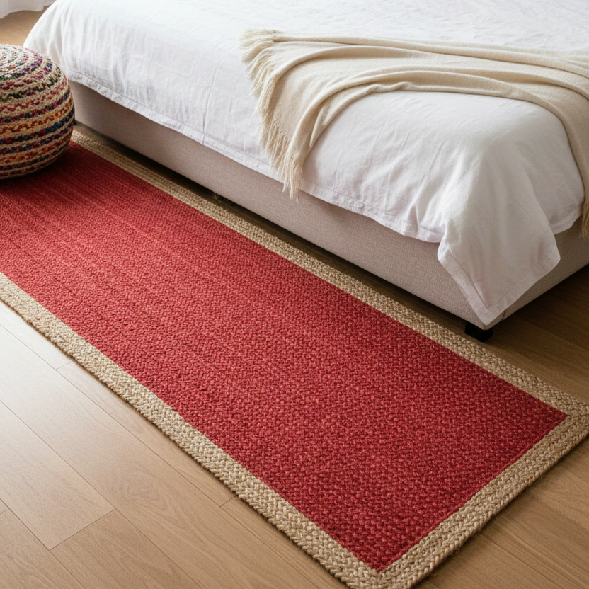 Handcrafted Jute & Cotton Braided Runner – Crimson Red with Natural Border