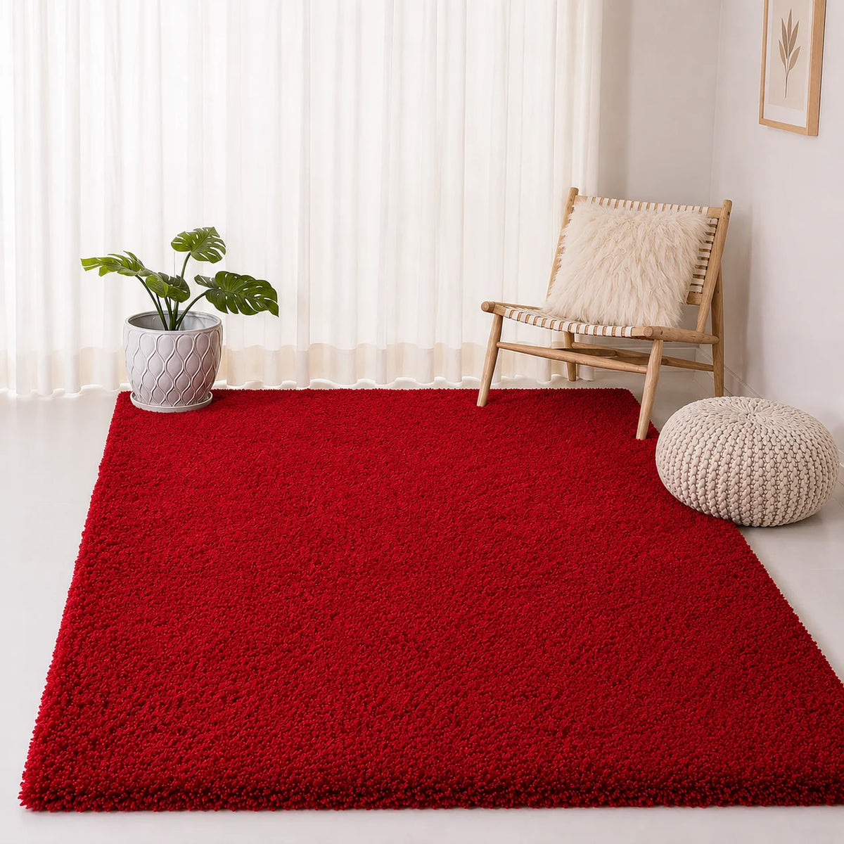 Red Plain Microfiber Shaggy Area Rug – High-Pile Soft Decorative Floor Mat