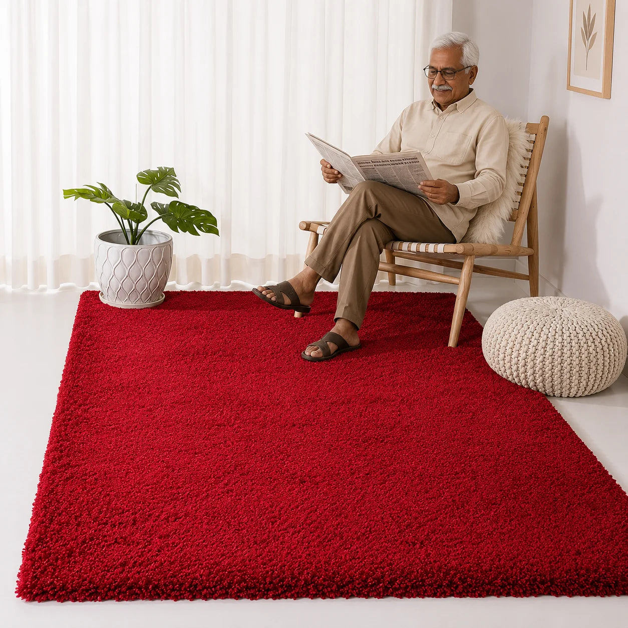Red Plain Microfiber Shaggy Area Rug – High-Pile Soft Decorative Floor Mat
